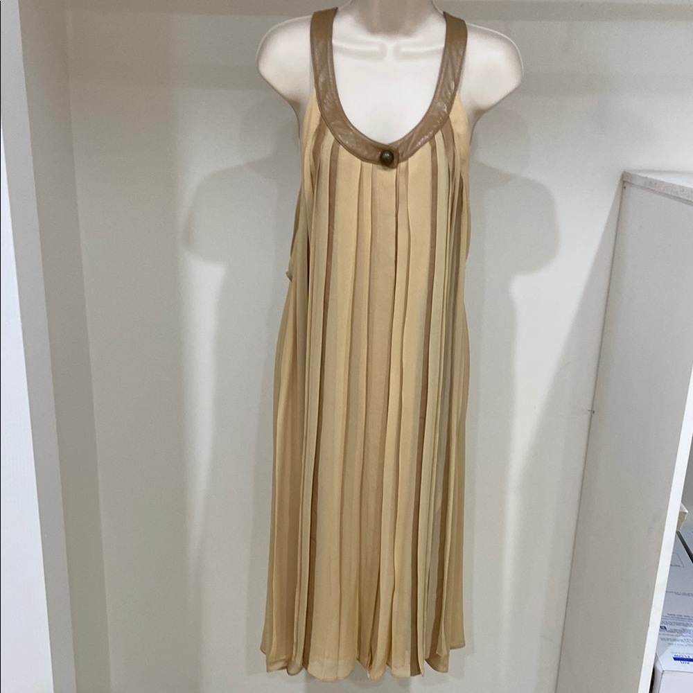 Belstaff Beige Silk Pleated Dress with Leather Trim.